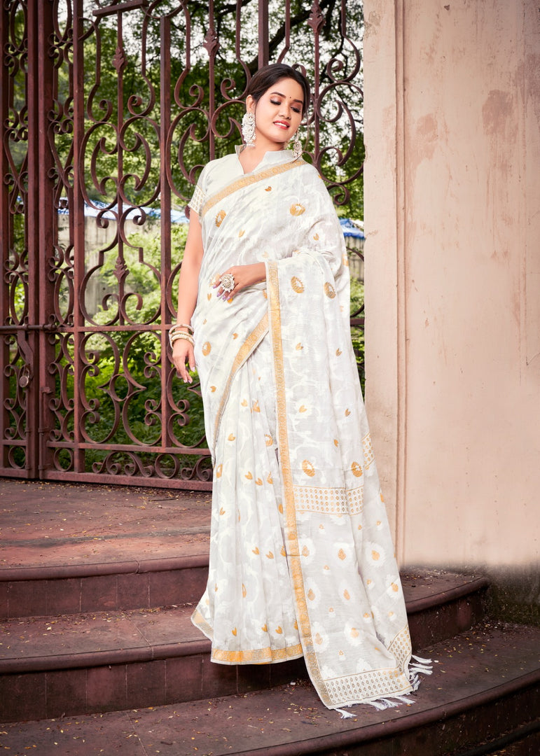 Dinkal Cotton Silk White Saree | Shoppers Trend
