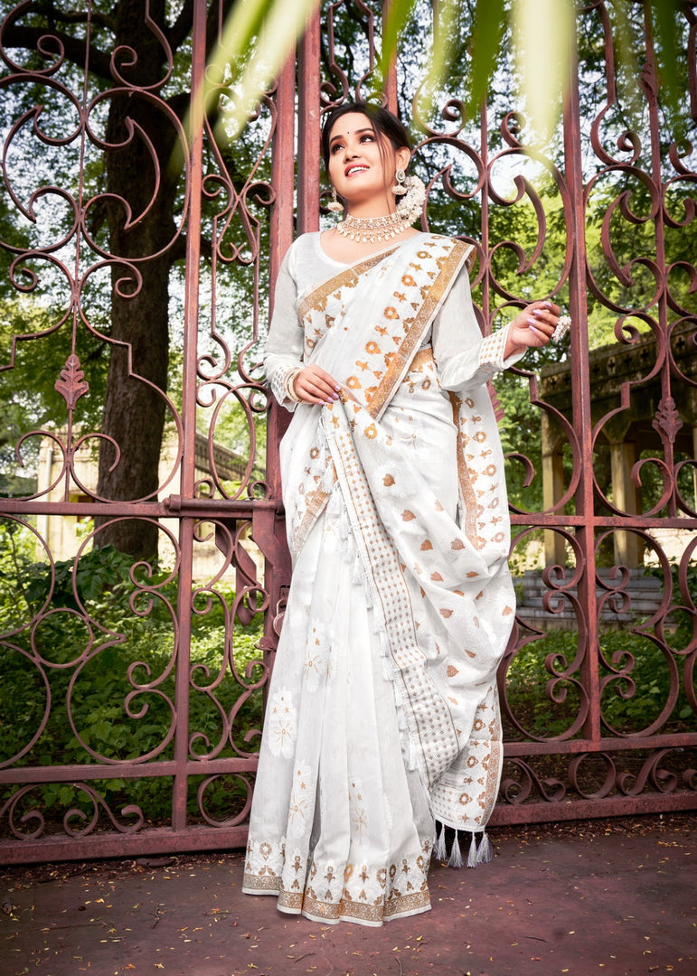 Dinkal Cotton Silk White Saree | Shoppers Trend