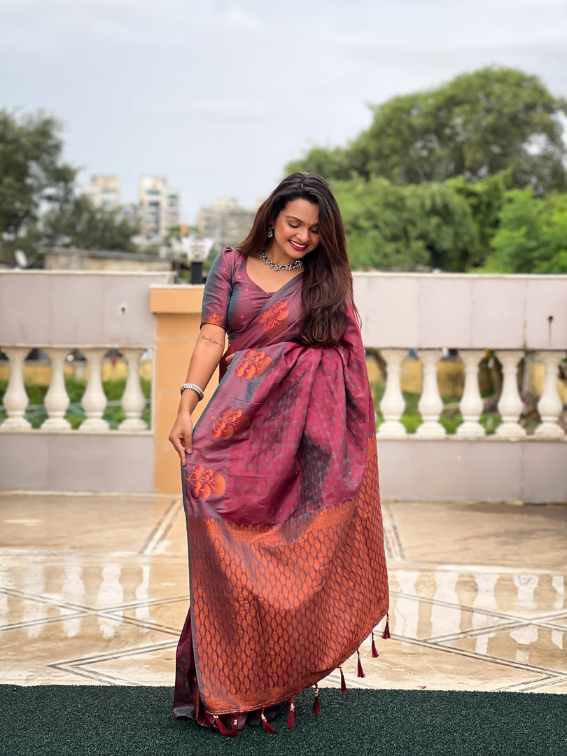 Amaya Pure Soft Silk Rose Gold Saree | Shoppers Trend