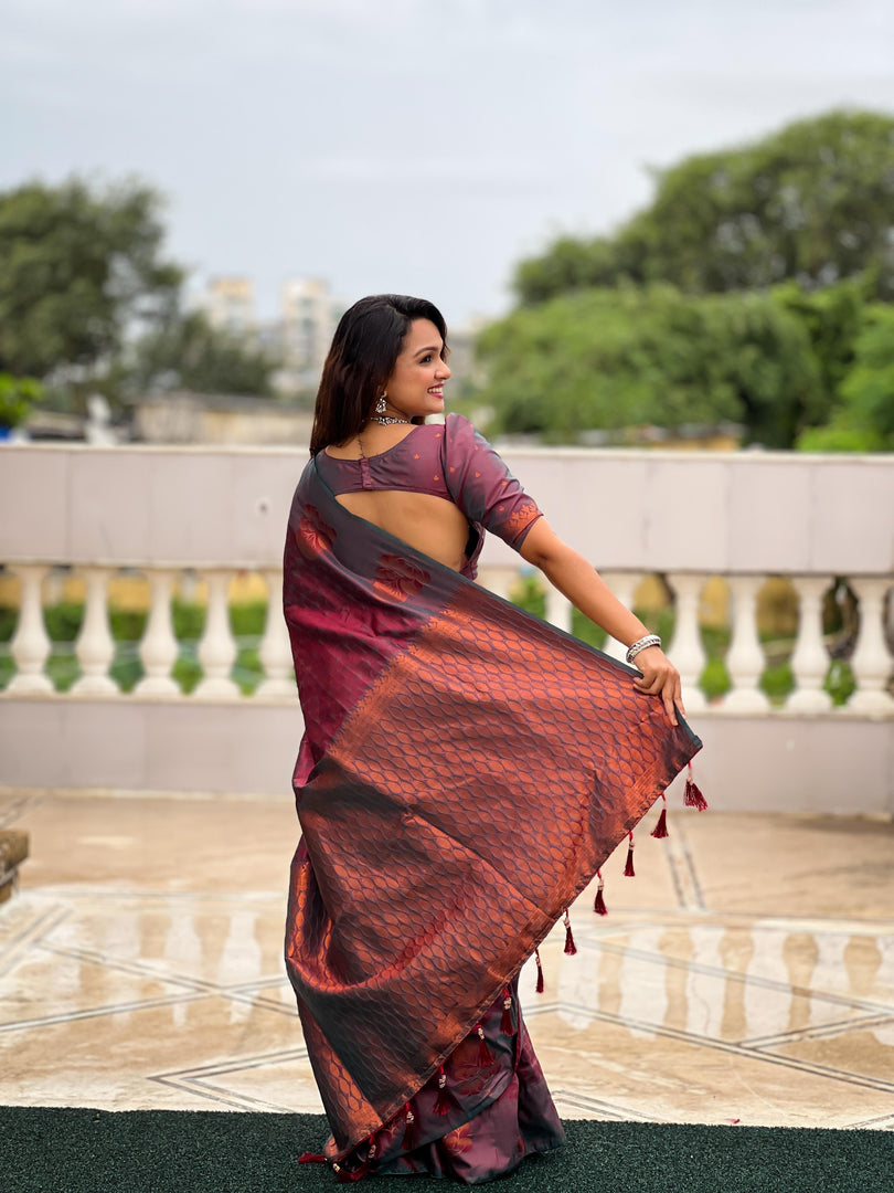 Amaya Pure Soft Silk Rose Gold Saree | Shoppers Trend