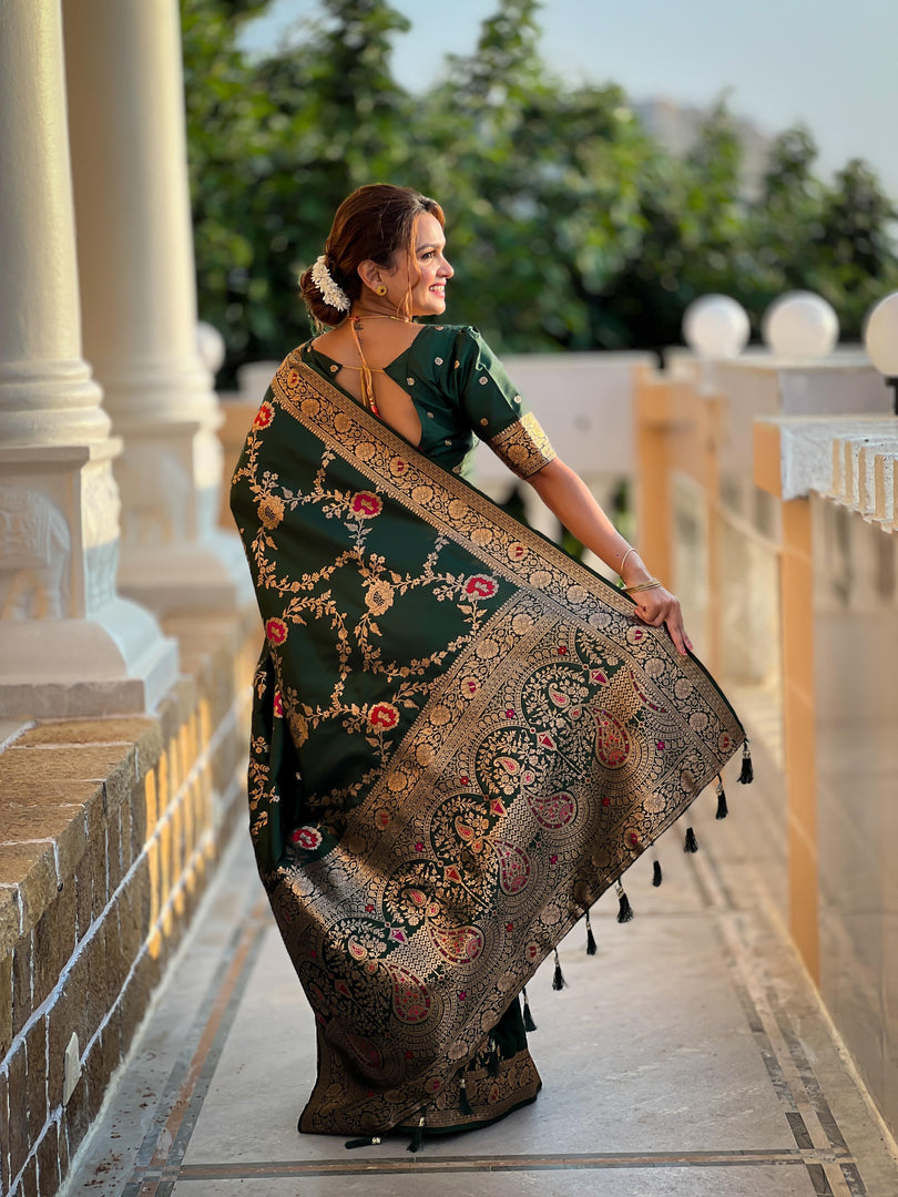 Aabhaya Soft Banarasi Silk Dark Green Saree | Shoppers Trend