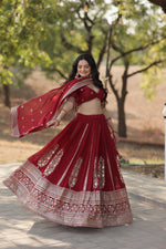 Load image into Gallery viewer, Ankita Faux Blooming Georgette Maroon Dhavani Set | Langa Voni | Shoppers Trend
