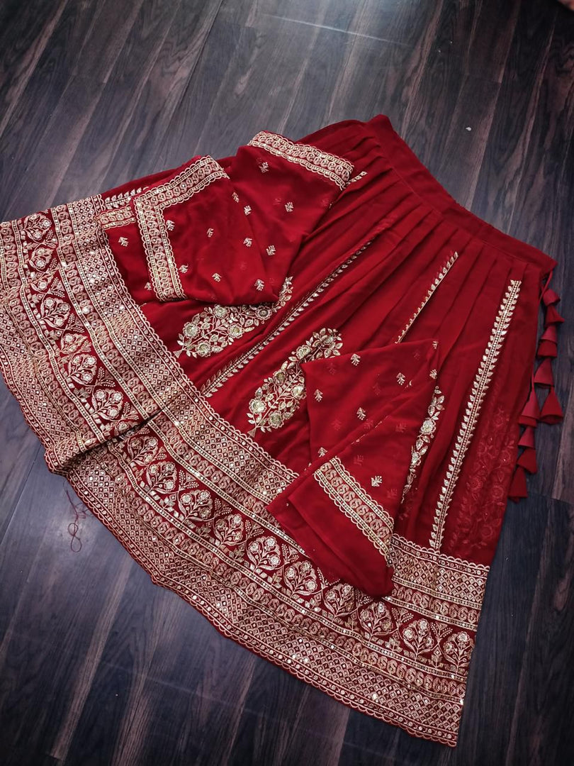 Ankita Faux Blooming Georgette Maroon Dhavani Set | Langa Voni | Shoppers Trend