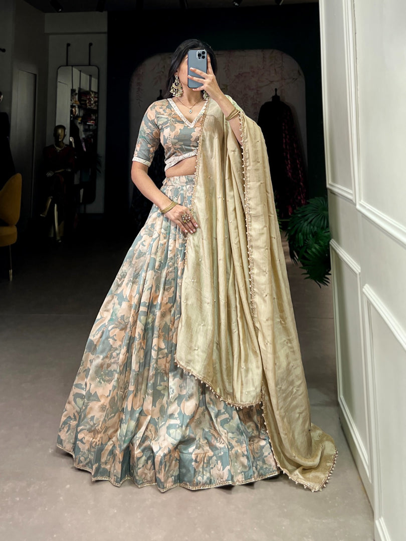 Vanshika Tussar Silk Cream Dhavani Set / Langa Voni | Shoppers Trend
