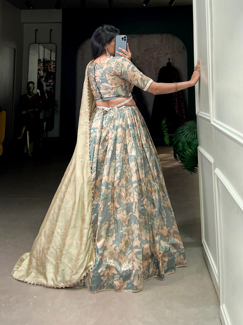 Vanshika Tussar Silk Cream Dhavani Set / Langa Voni | Shoppers Trend