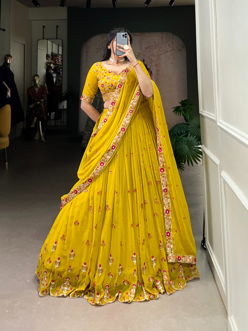 Natasha Georgette Yellow Dhavani Set | Langa Voni | Shoppers Trend