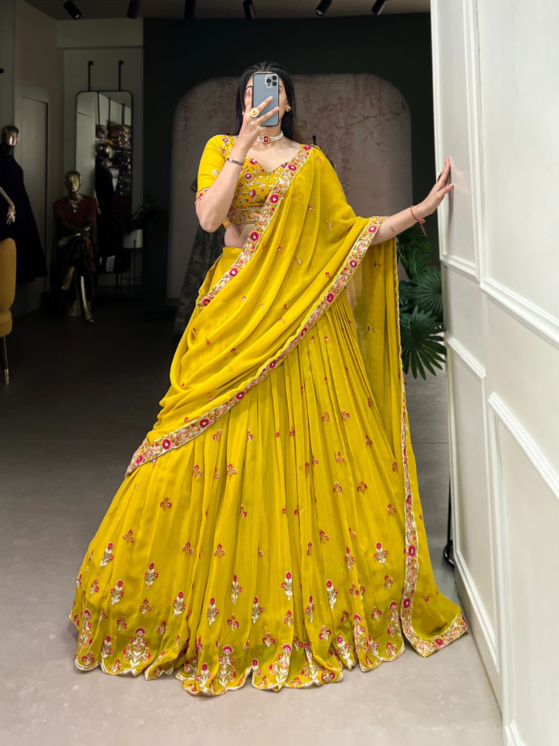 Natasha Georgette Yellow Dhavani Set | Langa Voni | Shoppers Trend