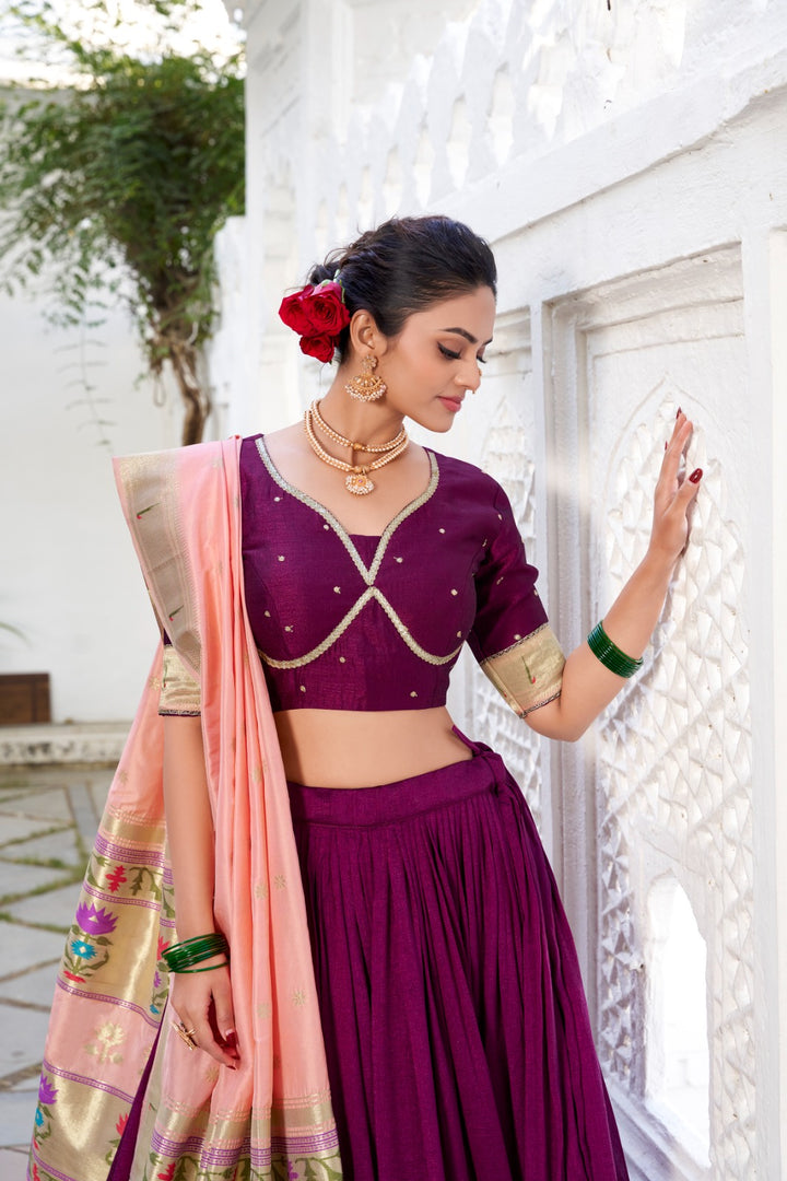 Hitaxi Vichitra Silk Wine Dhavani Set | Langa Voni / Half Saree | Shoppers Trend