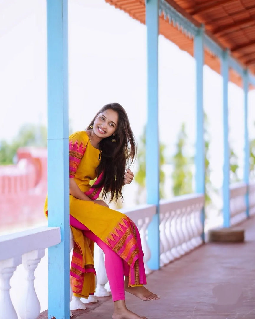 Teena Cotton Silk Yellow Kurti With Jacquard Work | Shoppers Trend