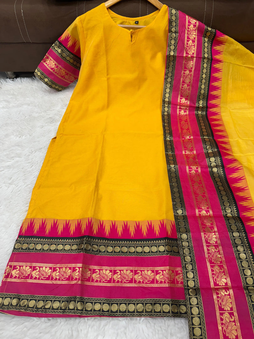 Teena Cotton Silk Yellow Kurti With Jacquard Work | Shoppers Trend