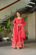 Load image into Gallery viewer, Sneha Chinnon With Embroidery Work Pink Anarkali | Shoppers Trend
