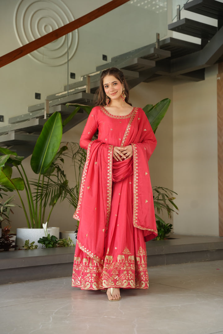 Sneha Chinnon With Embroidery Work Pink Anarkali | Shoppers Trend