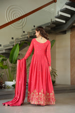 Load image into Gallery viewer, Sneha Chinnon With Embroidery Work Pink Anarkali | Shoppers Trend
