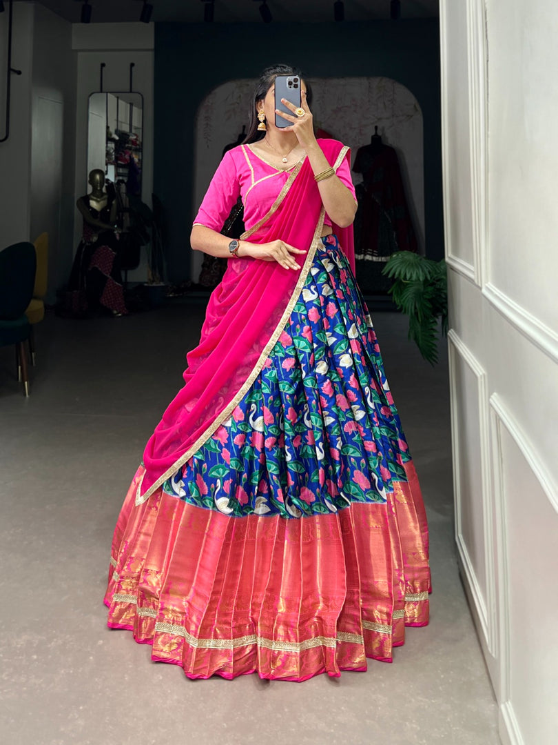 Rani color Mysore silk lehenga for grand traditional looks , Beautiful rani lehenga choli set with soft micro cotton inner , Rani Pichwai print lehenga for haldi, mehendi, and pujas , Traditional rani lehenga with Banglory plain blouse and lace border , Rani pink lehenga with ethnic richness and graceful charm.