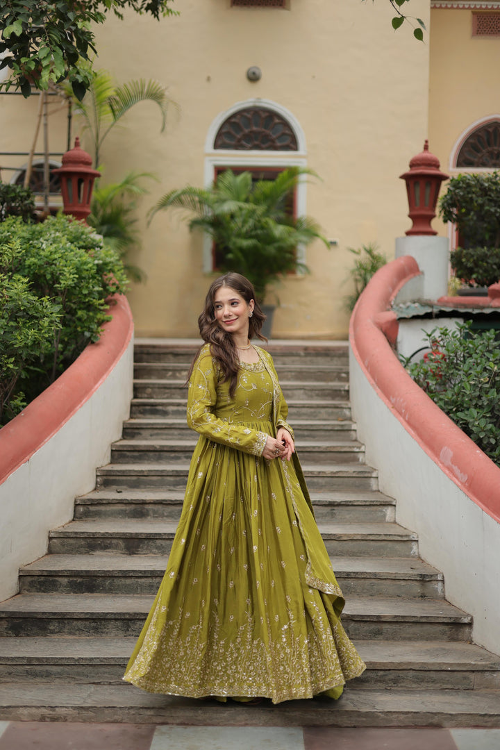 Parrot Color Chinon Kurti Set With Sharara Suit Set With Price and Online Best Shopping Price Under 2000 . Explore the latest Kurti Sharara set in Chinon fabric with cotton lining and sequins embroidery. Featuring a round neck, full sleeves, and a stunning dupatta. Perfect for special events . 