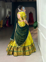 Load image into Gallery viewer, Cotton Silk stitched lehenga with Paithani weaving work, fits waist up to 42&quot;, includes drawstring zip closure. Complete set features unstitched matching blouse Zari weaving work .

