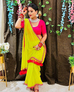 Load image into Gallery viewer, Green or yellow Georgette plain saree, 6.3m length. Includes Contreras Blouse  Pink Color , Saree Red Color Latkan Saree , Best Haldi Special Wear Saree Price Online Shopping price Under 899
