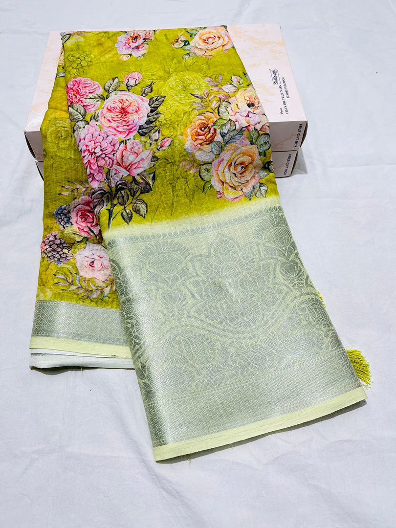 Parrot Green Linen Cotton Sarees Price and Online Shopping Price 2000 . This Fabric Most Famous and Linen Cotton Fabric SOft and Cold Fabric and THis Fabric Linen Cotton With Zari Weaving Work.