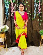 Load image into Gallery viewer, Yellow Georgette plain saree, 6.3m length. Includes matching blouse  -Shop Now Shoppers Trend.

