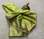 Load image into Gallery viewer, Parrot Color Mysore Printed Silk Sarees With Price and Online Shopping Price Under 1500 . this Fabric Mysore Printed Silk Saree For Wedding This Saree . Explore Pure Brocade Mysore Silk Sarees with intricate zari weaving, a luxurious pallu, and a stunning jacquard contrast blouse. Perfect for weddings, celebrations, and special occasions . 
