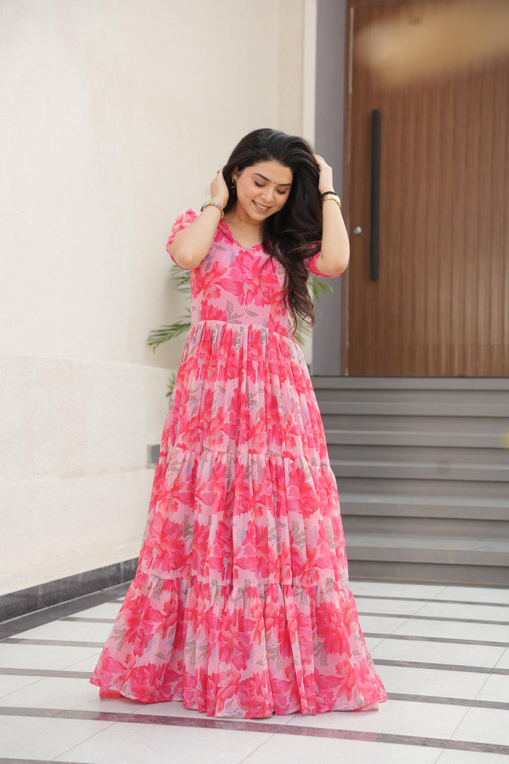 Pink gown with floral patterns and cotton lining , Daily wear to festive – this pink gown fits all , Full flair pink gown for graceful movement , Romantic pink color gown with elegant prints .