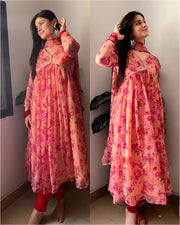 Elegant peach Georgette Anarkali with floral print, V-neck, and full sleeves. Features 48-49
