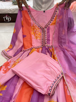 Load image into Gallery viewer, Purple muslin gown with v-neck and full sleeves , Elegant purple ethnic dress with embroidery design , Stylish purple long Anarkali with graceful fall , Purple digital print Anarkali for festive fashion
Party wear purple Anarkali with dupatta included . 
