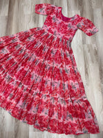 Load image into Gallery viewer, Peach printed gown stitched with full inner lining , Fancy peach ethnic gown for daytime functions , Peach gown with vibrant print and elegant style Price Under 1499 . 
