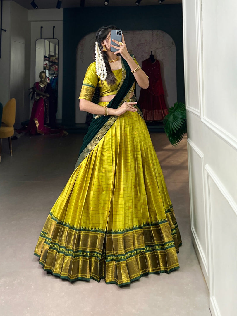 Explore the timeless charm of the Perrot Cotton Silk Dhavani Set With Price and Online Shopping Price Under 1500 . Featuring a soft sheen, vibrant hues, and a classic design, this half saree is ideal for cultural celebrations and traditional events.