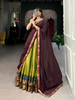 Load image into Gallery viewer, Parrot Poly Cotton Dhavani Set , Langa Voni With Price and Online Shopping Price Under 1500 . this Fabric Poly Cotton Dhavani Set Floral Print With Sequins and Zari Border and This Fabric Lehnga Stitching Stitch With Canvas Joint . This Fabric Parrot With Maroon Contract  most Unique and Zari Weaving Work . 

