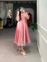 Load image into Gallery viewer, Pink frock with full flair and fine stitching , Charming pink frock with 12-inch sleeve detail , Light pink silk frock for graceful ethnic looks , Beautiful pink party frock in silky texture , Stylish plain pink frock in Burberry silk.
