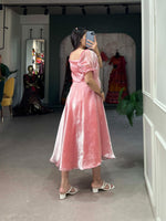 Load image into Gallery viewer, Elegant pink Burberry silk frock for festive wear , Plain pink frock with rich silk finish and full lining , Designer pink frock with flattering 4-meter flair , Soft silk pink frock for wedding or party wear , Pink frock in luxurious Burberry silk fabric , Feminine pink frock with smooth cotton lining .
