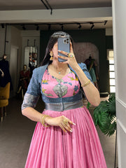 Pink Color Dola Silk Gown With Koti Dila Silk , This Fabric Koti Work Zari Weaving Work Price and Online Shopping Price Under 1500 . this Fabric So Heavy and Soft Dola Silk Fabric , This Fabric Kalamkari Print With Zari Weaving Broder For Weddings Special Wear Collection , Traditional Look For 2024-25 . 