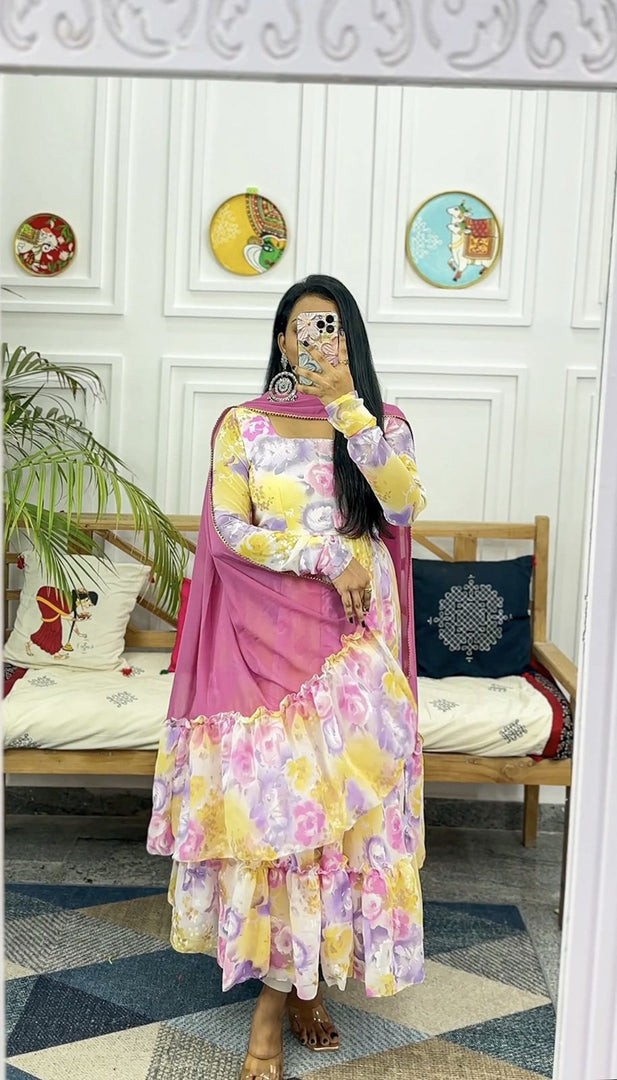 Pink Color Fox Georgette Anarkali With Price and Online Shopping Price Under 1000 . This fabric Stylish digital print Anarkali gown in fox georgette fabric, 48-inch length. Comes with a matching dupatta. Perfect for casual and festive occasions. Machine washable for convenience . Traditional look For 2024-25 , 2025-26 . 