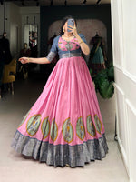 Load image into Gallery viewer, Pink Color Dola Silk With Dola Silk Koti Zari Weaving Work For Weddings Best Price and Online Shopping Price Under 1500 . Shop the elegant stitched gown and koti set featuring Dola Silk fabric, Kalamkari print, and Zari weaving. Perfect fit with luxurious comfort! . 
