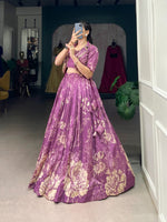 Load image into Gallery viewer, Pink Color Langa Voni With Kotti Tussar Silk Dhavani Set | Langa Voni | Davani Set With Price and Online Shopping Price Under 2000 . this Fabric Pink Tussar Silk Dhavani Set Best For Weddings Best Choise Price ,  Enhance your ethnic look with this stunning Tussar Silk lehenga set. Includes a stitched lehenga, blouse, and koti with floral prints and elegant lace touch-ups . Traditional Look For 2024-25 , 2025-26 .
