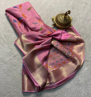 Pink Color Mysore Printed Silk Sarees With Price and Online Shopping Price Under 1500 . Discover the elegance of Pure Brocade Mysore Printed Silk Sarees. Featuring luxurious zari weaving, a rich pallu, and jacquard contrast blouses with borders, these sarees are perfect for weddings and festive occasions.