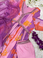 Load image into Gallery viewer, Fatema Muslin Anarkali is crafted from muslin fabric with a digital shine print. It features a V-neck, full sleeves, and measures 52-55 inches in length. The set includes one gown and a dupatta, and is machine washable for convenience.
