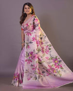 Load image into Gallery viewer, Pink Color Pure silk saree with traditional zari weaving. Includes matching blouse. Machine washable. Model wears Best Look Saree - Shoppers Trend .
