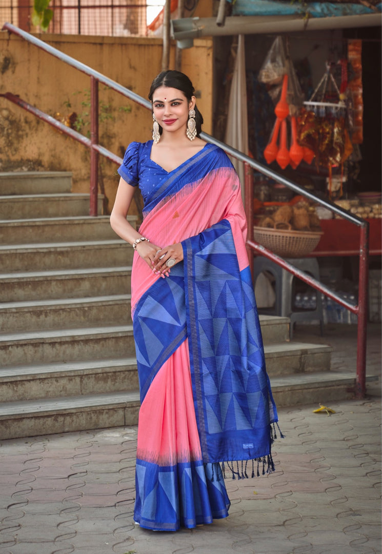Pink Soft Kolkata Tussar Bech sarees for weddings and price and online shopping and this fabric smooth softness fabric .The first manufacturing of Soft Kolkata Tussar Bech Sarees in India can be traced to Kanchipuram in Tamil Nadu , India . 