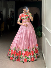 Pink Tussar Silk Dhavani Set and Davani Set With Price and Online Shopping Price Under 2000 . Step into elegance with this Tussar Silk Floral Print Lehenga Set. Complete with lace details, tassels, this outfit is perfect for weddings and special celebrations Wear....