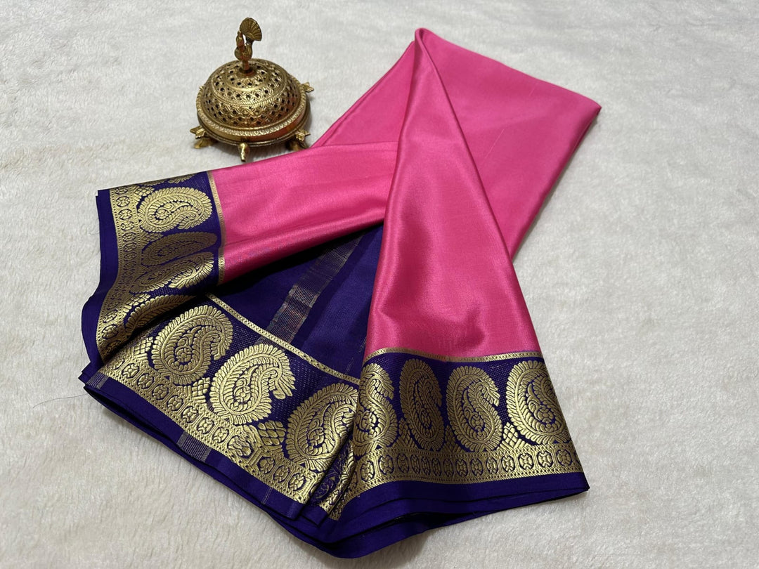 Baby Pink Color Semi-Mysore Silk Saree with beautiful Zari work. 6.3m length with matching blouse. Easy machine wash care - Shop Now Shoppers Trend 
