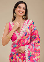 Load image into Gallery viewer, Rani color designer saree , Purple sequin work saree , Digital print saree with cutwork border , Fancy saree with mono banglory silk blouse , Georgette party wear saree , Codding and sequin embroidery saree , Embroidered sarees for wedding , Designer sarees in white, purple, and rani , Saree for festive occasions . 
