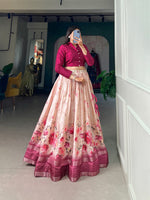 Load image into Gallery viewer, Pink Dola Silk Dhavani Set , Langa Voni With Price and Online Shopping Price Under 1500 . this Fabric Dola Silk Dhavani Set Floral Print With Sequins and Zari Border and This Fabric Lehnga Stitching Stitch With Canvas Joint . This Fabric Rose Red Flower and Pink Rose Flower Designs most Unique and Zari Weaving Work . 

