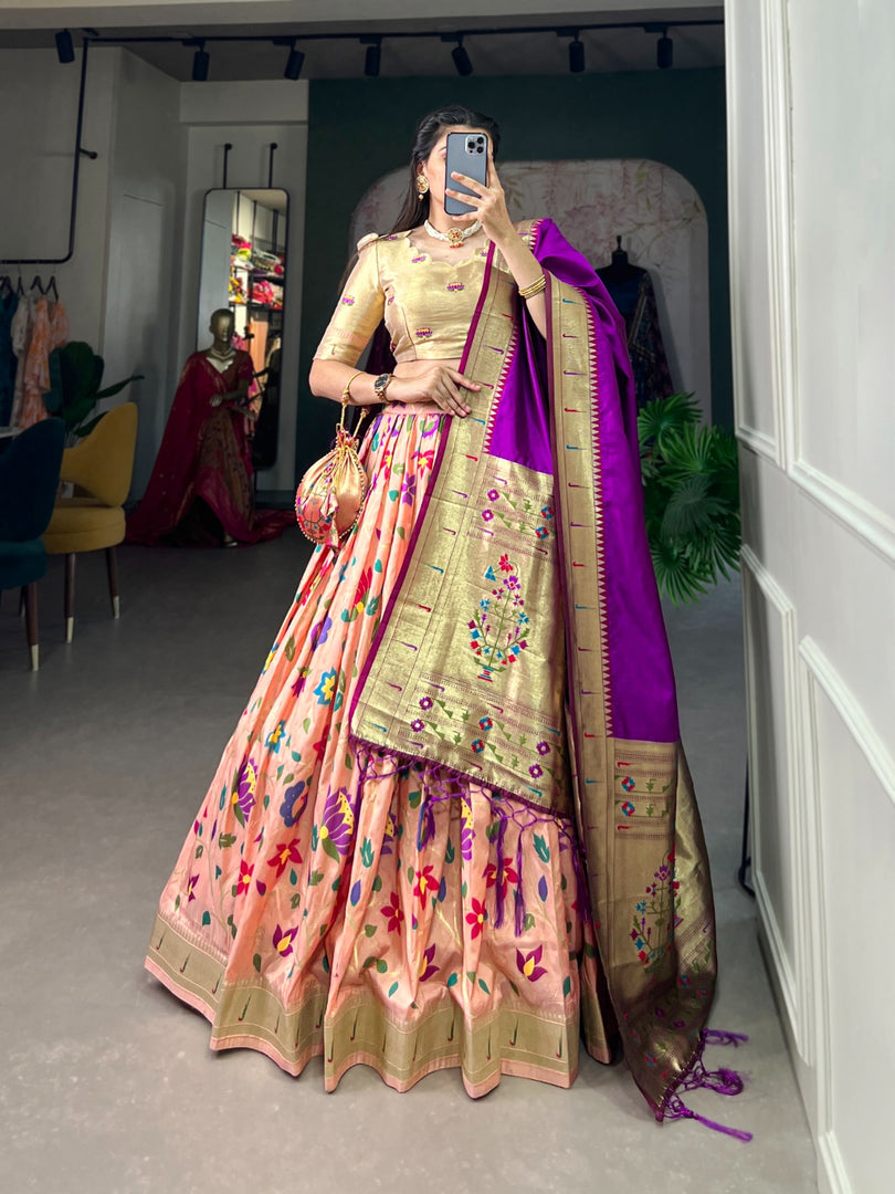 Pink Jacquard Silk ( Paithani ) Half-Saree , Dhavani Set , Langa Voni and Davani Sets Price and Online Shopping Price Under 3000 . this Fabric Pink Color Jacquard Silk Or  Paithani Silk Dhavani Set For Wedding Best Choise Wear Collection Price Under 3000 . Fully Zari Weaving Work and Purple Dupatta Fully Zari Weaving Work and Both side Tassels .

