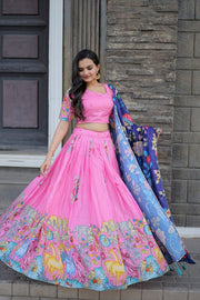 Pink Lehanga Dola Silk Dhavani Set , Davani Set And Half-Saree With Price and Online Shopping Price Under 2000 . Enhance your elegance with this Dola Silk Designer Lehenga Set. Featuring rich prints, embroidered blouse, and a stylish dupatta with tassels, it’s perfect for festive and wedding occasions. Available in Pink and Green . 