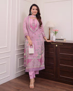 Load image into Gallery viewer, Pink Lilac pure soft muslin Pink Kurti With Price and Best Sell For Online Shopping Price Under 2000 . this Lilac pure soft muslin Kurti Set. Adorned with intricate Embroidery Work , it comes complete with a graceful dupatta and a stylish pant. Ideal for festive celebrations, this set offers elegance and comfort, all with the convenience of machine wash care.
