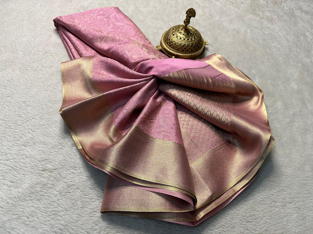 Pink Mysore Silk Sarees with Price and Online Shopping Price Under 1500 . This Fabric Smooth and Softness Fabric this Quality M Of this Fabric Pink Quality Mysore Silk Saree Fully Gold Zari Weaving Work 