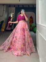 Load image into Gallery viewer, Elevate your style with a Pink Organza Saree | Dhavani Set. Crafted from lightweight, sheer organza fabric, this design blends contemporary elegance with a timeless charm perfect for any occasion. this Fabric Dhavani Set | Half-Saree With Price and Online Shopping 1500 .  
