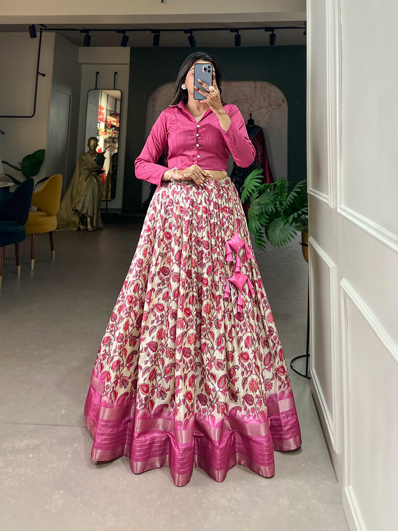 Pink Dola Silk Dhavani Set , Langa Voni and  Davani Set With Price and Online Shopping Price Under 1500 . this Fabric Dola Silk Dhavani Set Floral Print With Sequins and Zari Border and This Fabric Lehnga Stitching Stitch With Canvas Joint .

